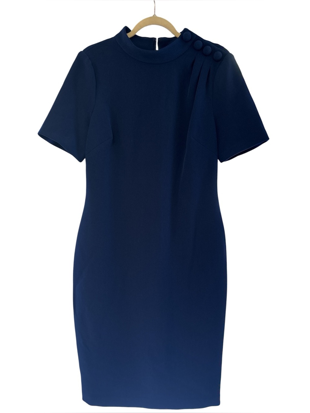 Badgley Mischka Navy Short-Sleeve Midi Sheath Dress with Shoulder Buttons